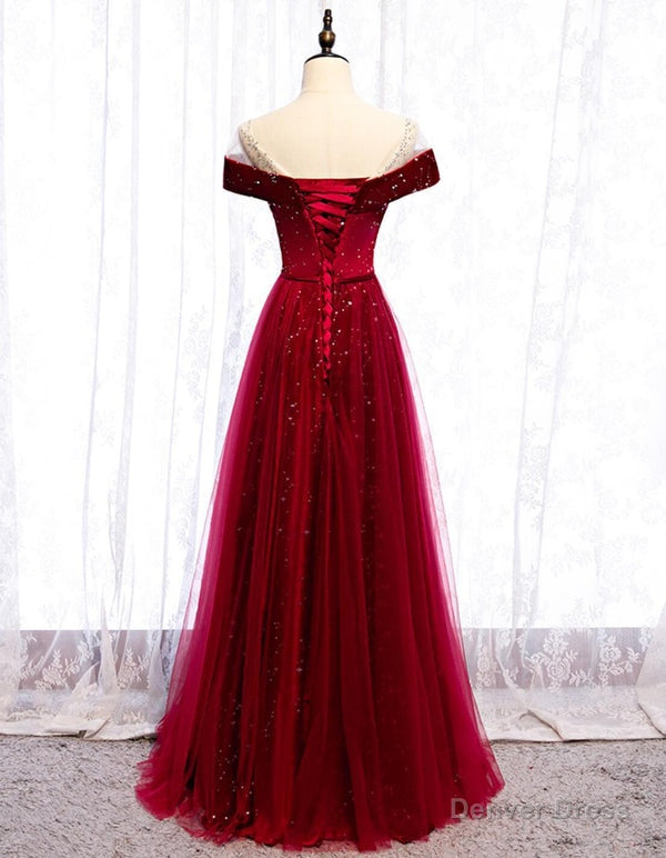 Cap Sleeve Red Sparkly Tulle Long Cheap Prom Dresses