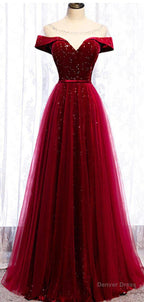 Cap Sleeve Red Sparkly Tulle Long Cheap Prom Dresses