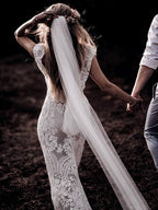 Cap Sleeve Sheath Boho Wedding Dress Vintage Lace Rustic Wedding Dresses