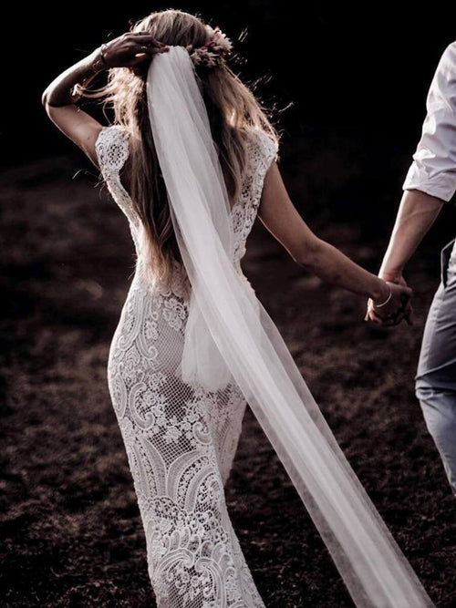 Cap Sleeve Sheath Boho Wedding Dress Vintage Lace Rustic Wedding Dresses