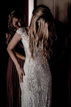 Cap Sleeve Sheath Boho Wedding Dress Vintage Lace Rustic Wedding Dresses