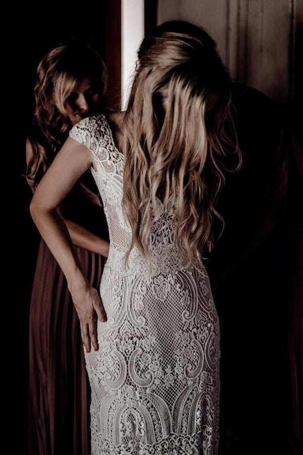 Cap Sleeve Sheath Boho Wedding Dress Vintage Lace Rustic Wedding Dresses
