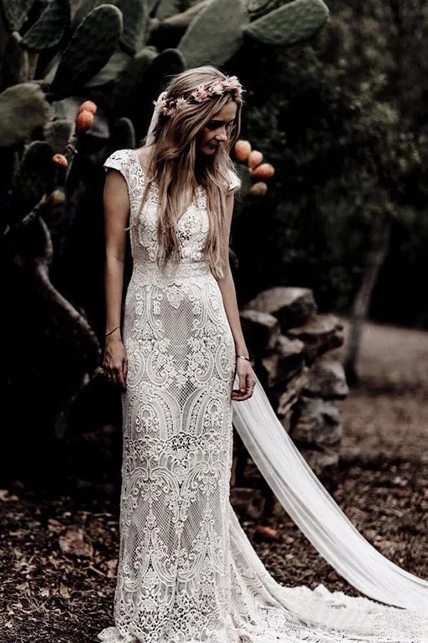 Cap Sleeve Sheath Boho Wedding Dress Vintage Lace Rustic Wedding Dresses Main image