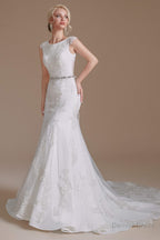 Cap Sleeve Sparkle Beaded Lace Appliques Gowns Bow Sash Train Wedding Dresses