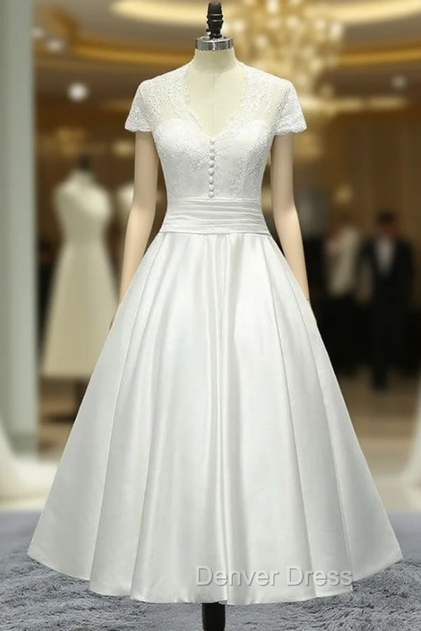 Cap Sleeve Tea Length Sheer Back Satin Short Wedding Dresses Main image