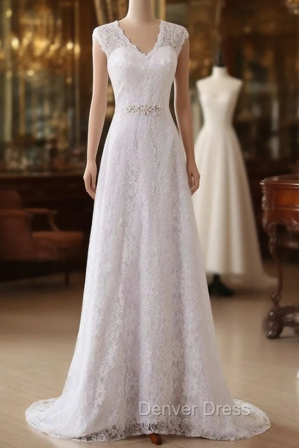 Cap Sleeve V-neck A-line Lace Beaded Sashes Wedding Dresses Main image