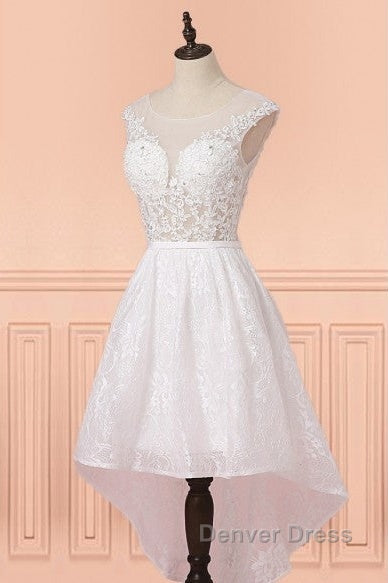 Cap Sleeves High Low White Lace Sheer Short Wedding Dresses Secondary image
