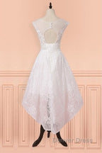 Cap Sleeves High Low White Lace Sheer Short Wedding Dresses