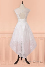 Cap Sleeves High Low White Lace Sheer Short Wedding Dresses