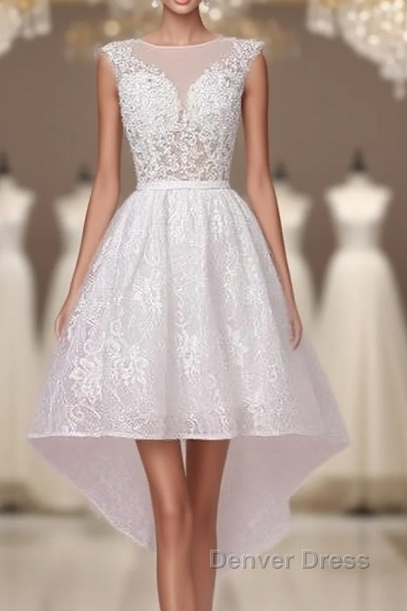 Cap Sleeves High Low White Lace Sheer Short Wedding Dresses Main image