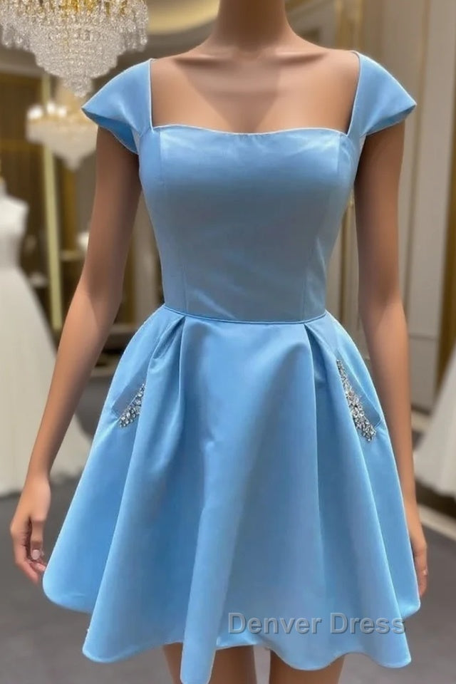 Cap Sleeves Light Sky Blue Satin Short Homecoming Dresses With Beaded Bodice Main image
