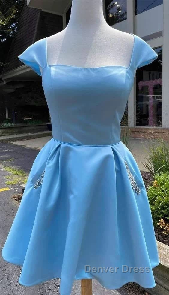 Cap Sleeves Light Sky Blue Satin Short Homecoming Dresses With Beaded Bodice Secondary image