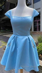 Cap Sleeves Light Sky Blue Satin Short Homecoming Dresses With Beaded Bodice