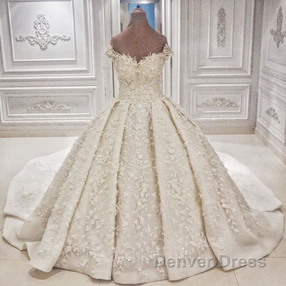 Cap sleeves Off the shoulder Lace Appliques Ball Gown Wedding Dresses