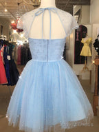 Cap Sleeves Short Beaded Prom Dress, Short Blue White Yellow Graduation Homecoming Dresses