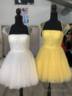 Cap Sleeves Short Beaded Prom Dress, Short Blue White Yellow Graduation Homecoming Dresses