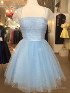 Cap Sleeves Short Beaded Prom Dress, Short Blue White Yellow Graduation Homecoming Dresses