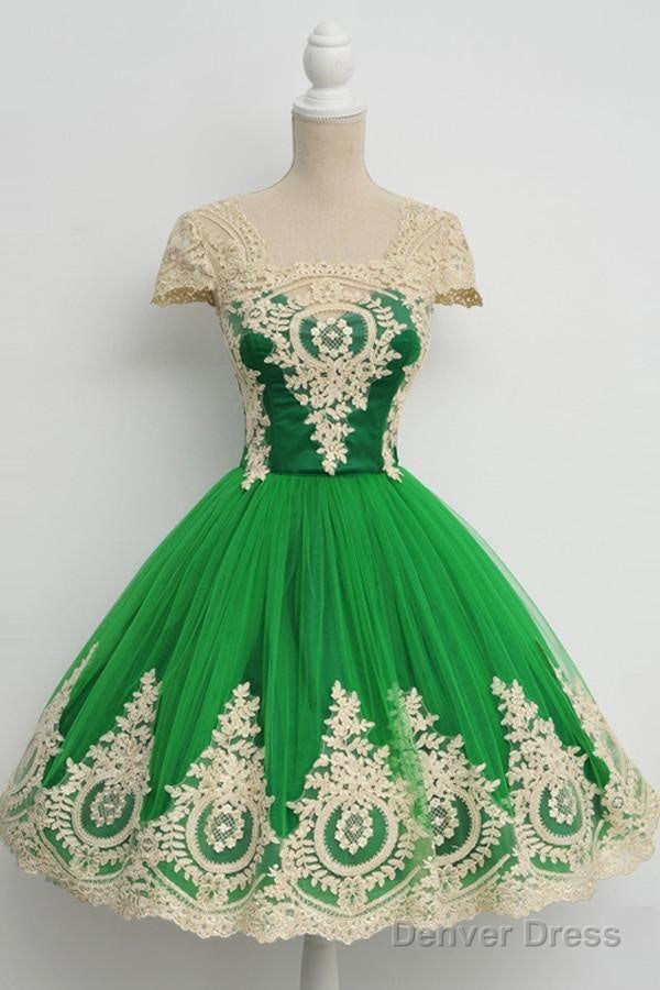 Cap Sleeves Square Knee Length Green Homecoming Dresses With Lace Main image
