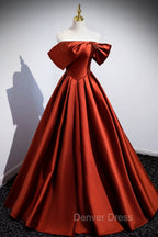 Caramel Floor Length Satin Formal Dresses, Cute Off Shoulder A-line Evening Dresses