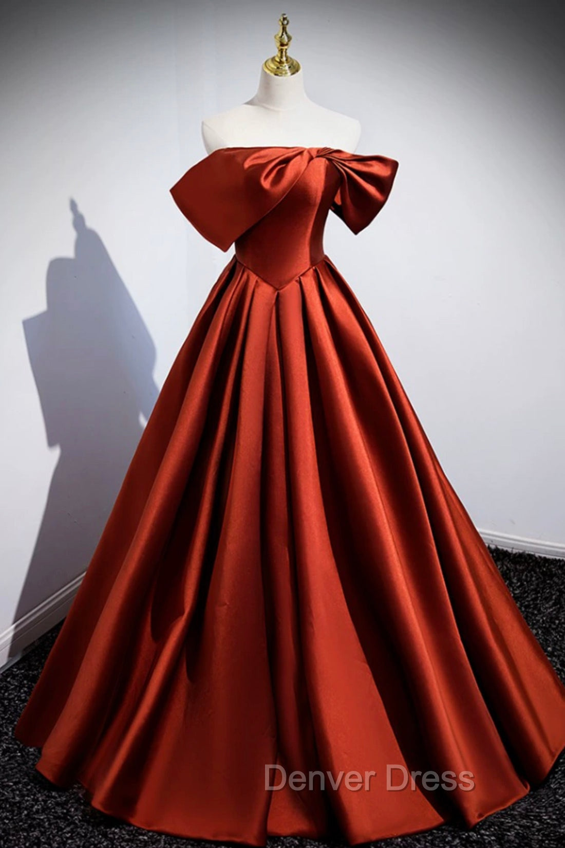Caramel Floor Length Satin Prom Dress, Cute Off Shoulder A Line Prom Dresses