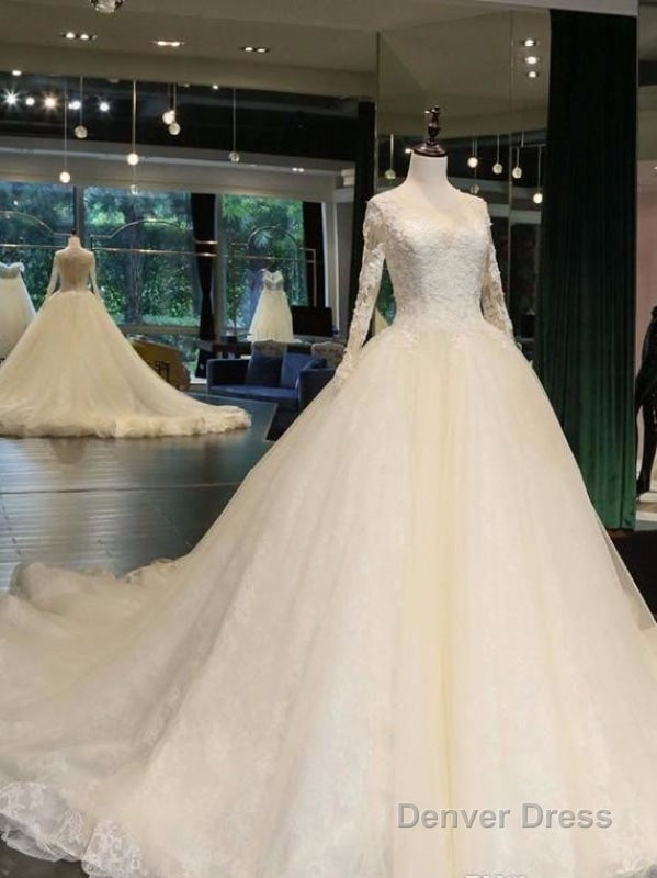 Cathedral Train Appliques Long Sleeve A-line Wedding Dresses
