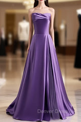 Causal Dark Purple Satin Strapless Prom Dresses