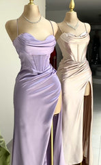 स्पेगेटी स्ट्रैप्स लिलाक इवनिंग पार्टी ड्रेस, लोकप्रिय रेशम साटन प्रोम ड्रेसेस, हाई क्वालिटी ब्राइड्समेड ड्रेसेस