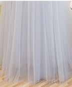 Gray A Line Off Shoulder Floor Length Prom Dresses, Lace Evening Dresses