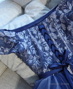Blue Lace Off Shoulder Short Prom Dress, Blue Prom Dresses