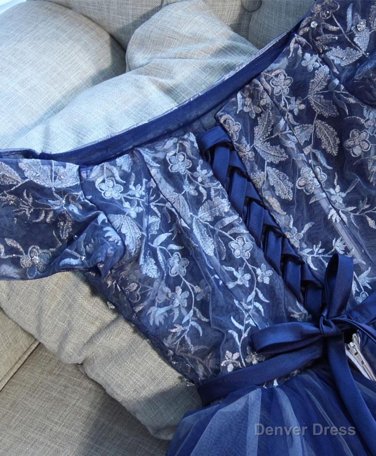 Blue Lace Off Shoulder Short Prom Dress, Blue Prom Dresses