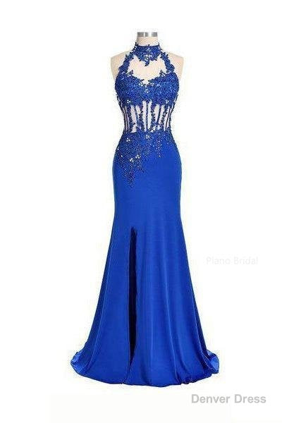 2026 Blue Mermaid Trumpet Halter Sleeveless Natural Stretch Satin Prom Dresses