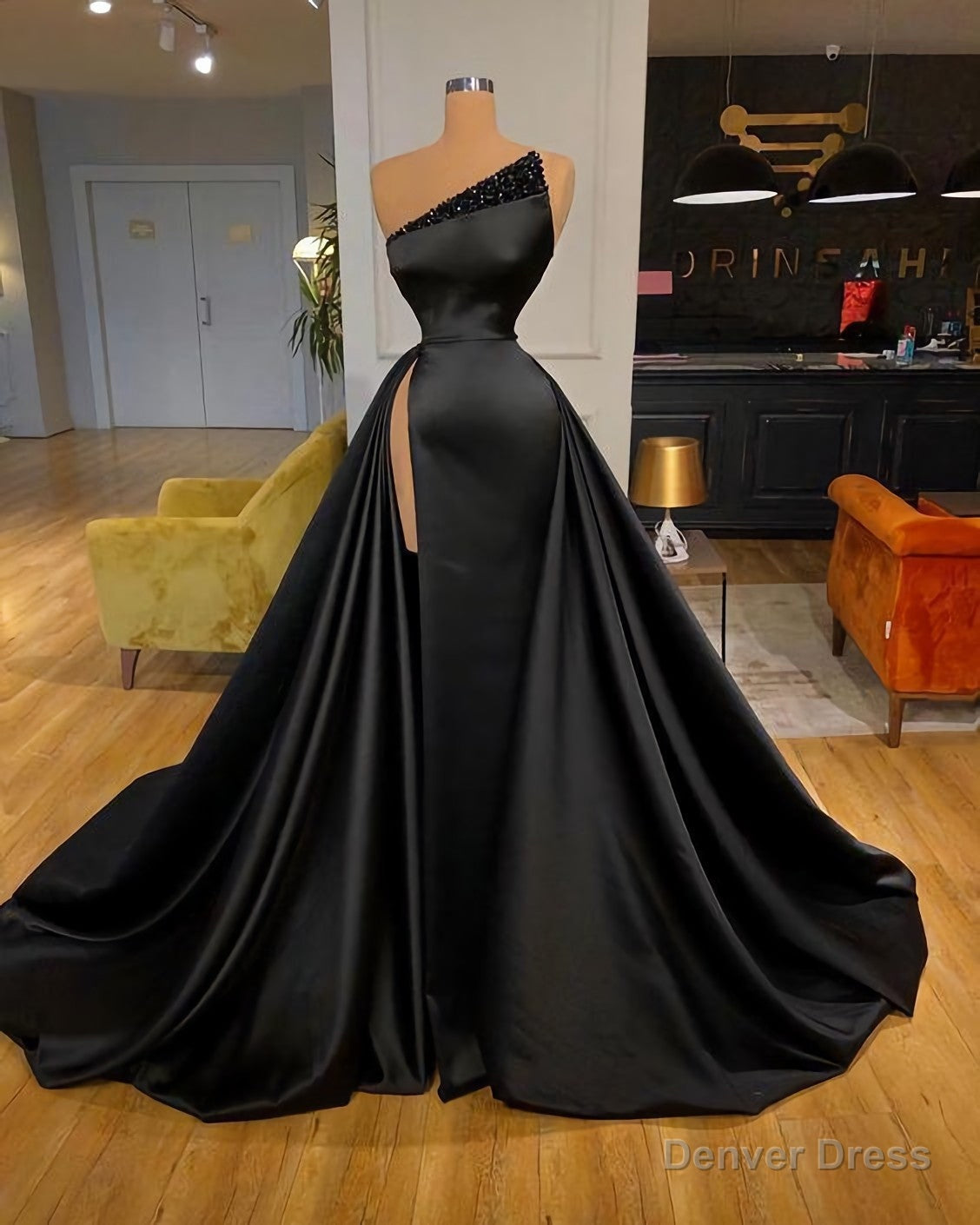 Black Satin Long Prom Dresses, Long Formal Dresses Main image