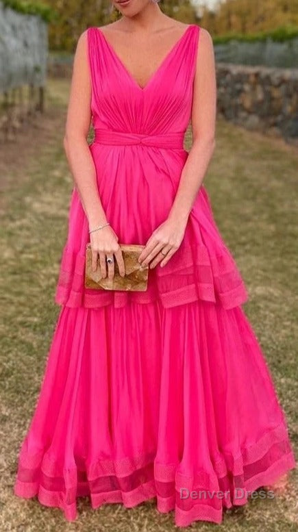Hot Pink V Neck A Line Chiffon Two Layers Prom Dress Long Prom Dresses Main image