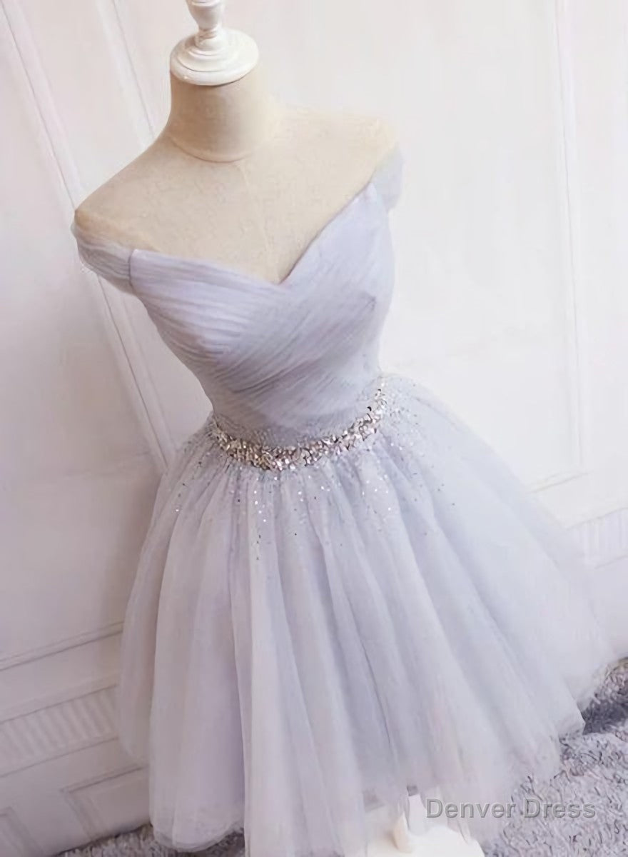 Charming Sliver Grey Short Beaded Tulle Prom Dress, Homecoming Dresses Main image