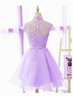 Cute High Neckline Lavender Short Graduation Dress, Homecoming Dresses