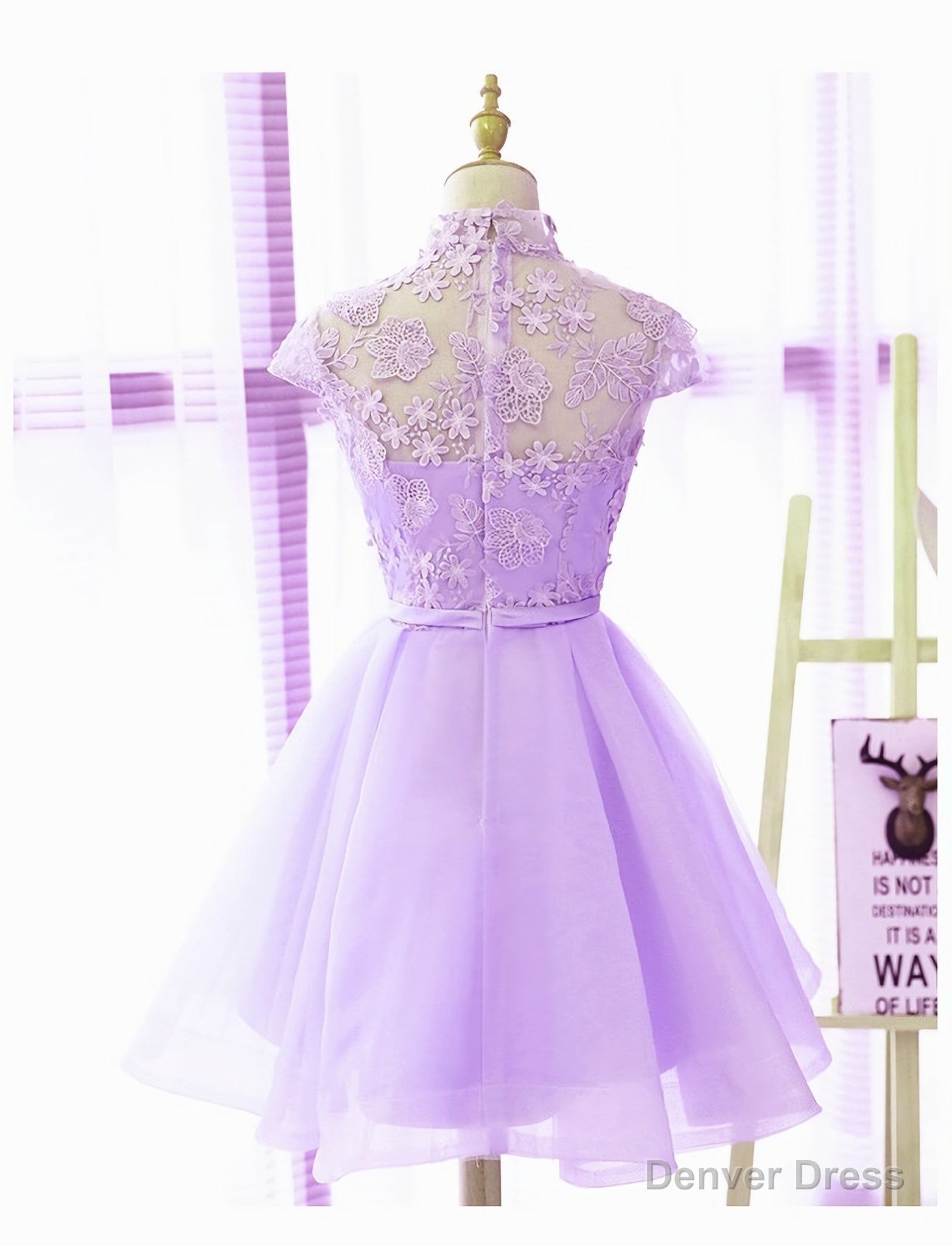 Cute High Neckline Lavender Short Graduation Dress, Homecoming Dresses