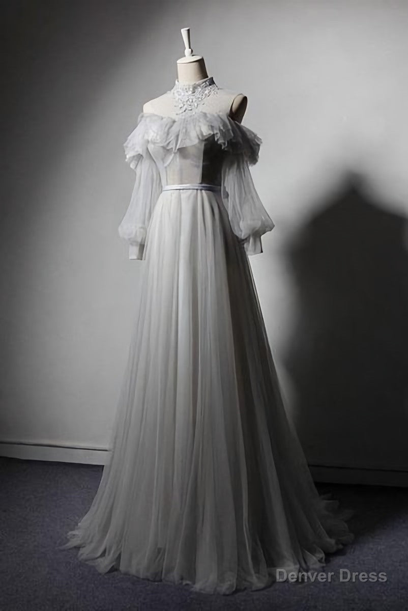 Gray Appliques Lace High Neck Prom Dress, Retro Long Sleeve Formal Dresses, Senior Tulle Prom Dresses Main image
