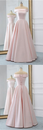 Pink Satin Long Prom Dresses, With Pockets Pink Prom Gown
