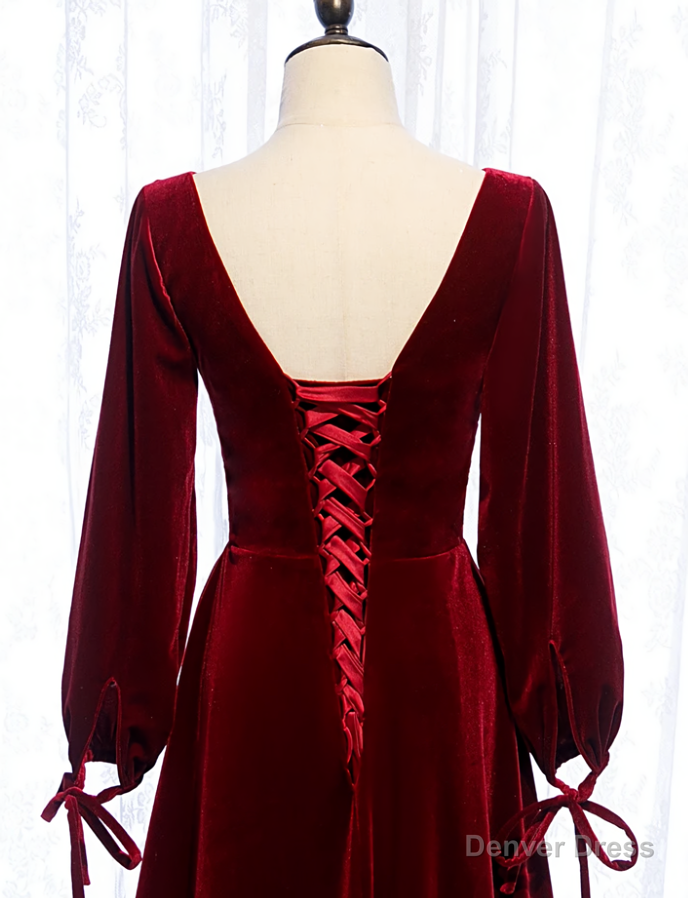 Charming Dark Red Velvet Long Sleeves A Line Party Dress, Party Prom Dress Secondary image