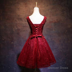 Wine Red Short Lace Cute Homecoming Dress, V Neckline Lace Up Teen Prom Dresses