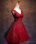 Wine Red Short Lace Cute Homecoming Dress, V Neckline Lace Up Teen Prom Dresses