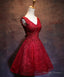 Wine Red Short Lace Cute Homecoming Dress, V Neckline Lace Up Teen Prom Dresses