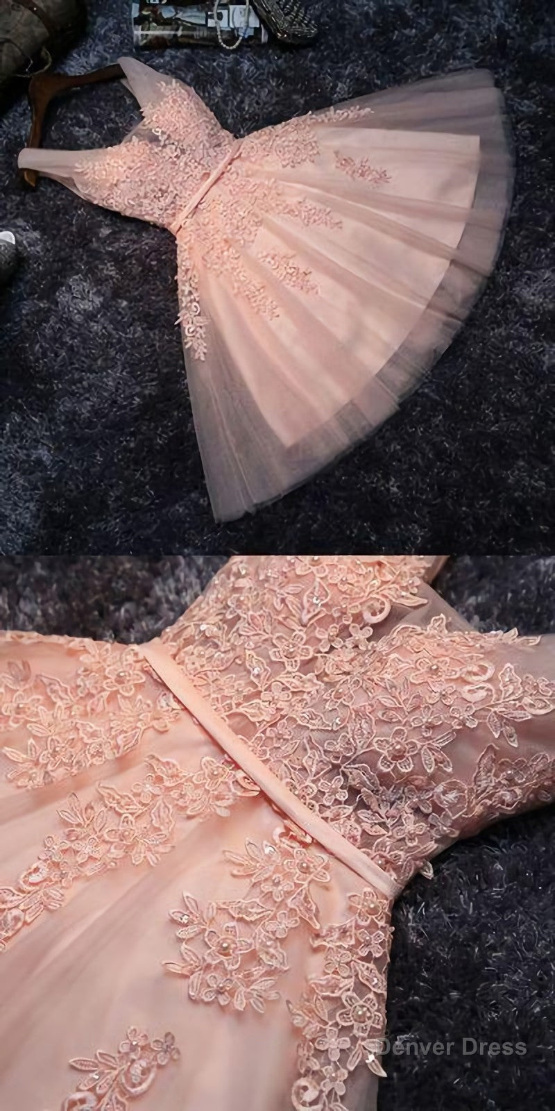 Princess Lace Appliqued Tulle Homecoming Dress, Blush Pink Short Bridesmaid Dress, Short Homecoming Dresses Main image
