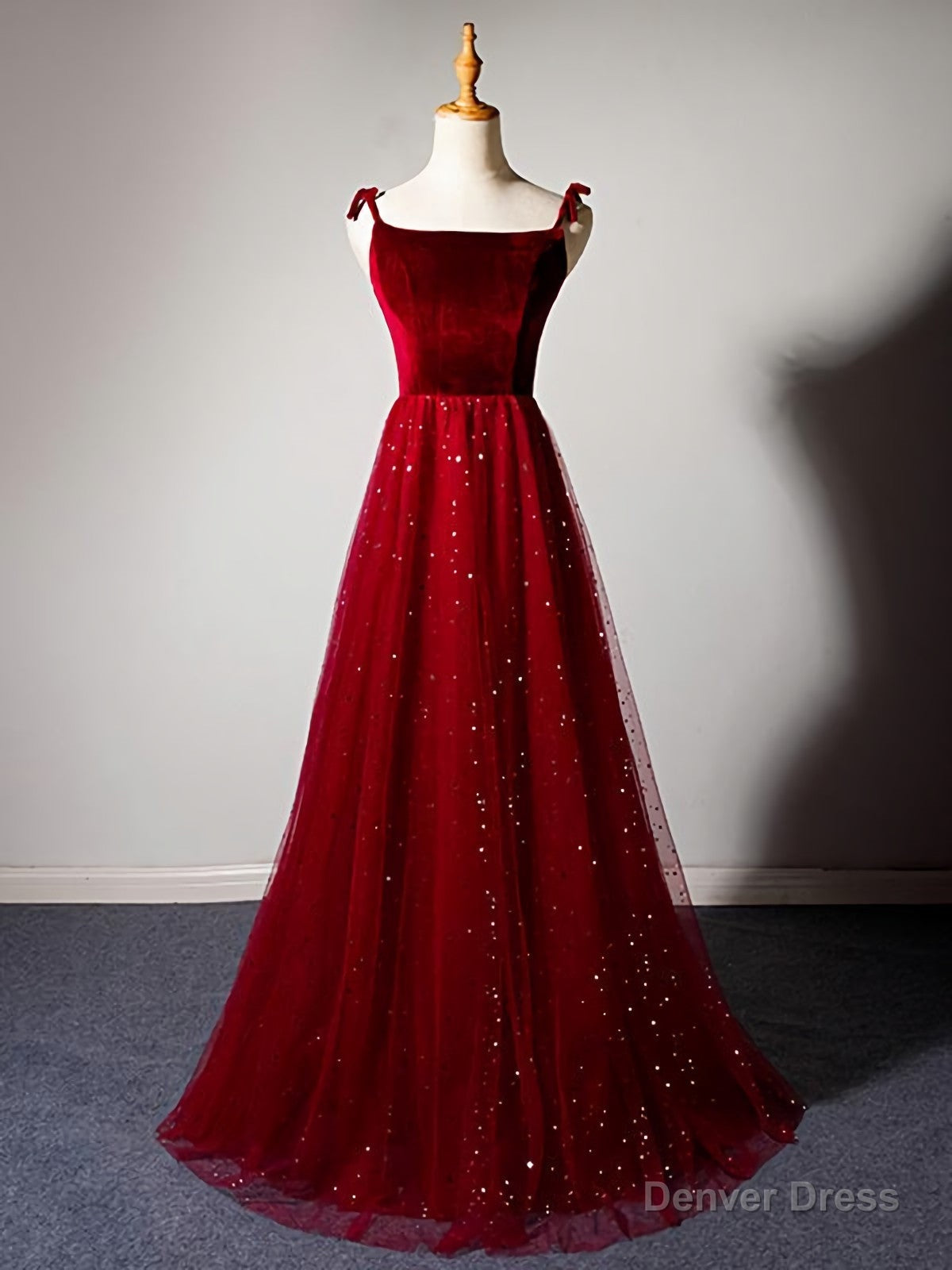Sparkly Tulle Long Prom Dress, A Line Spaghetti Straps Burgundy Prom Dresses