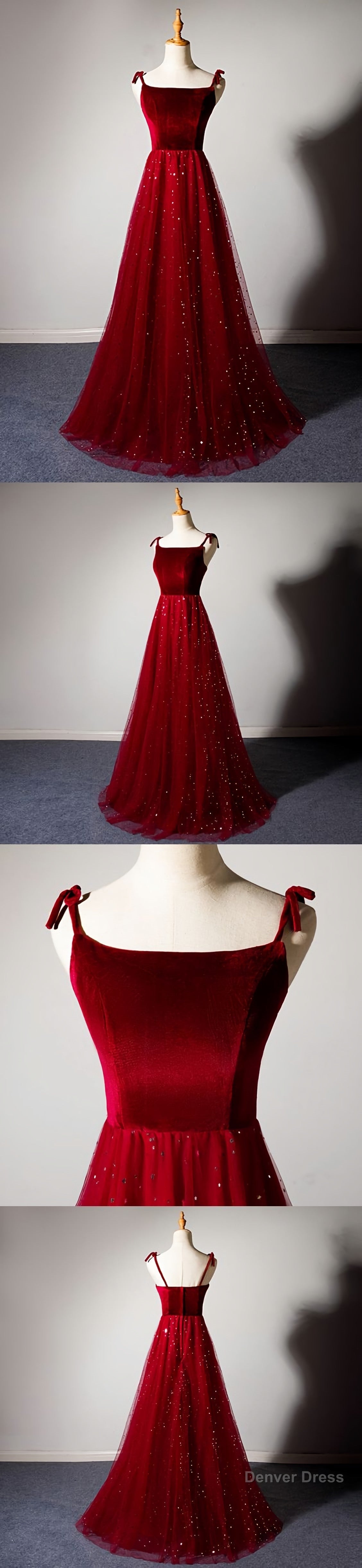 Sparkly Tulle Long Prom Dress, A Line Spaghetti Straps Burgundy Prom Evening Dress