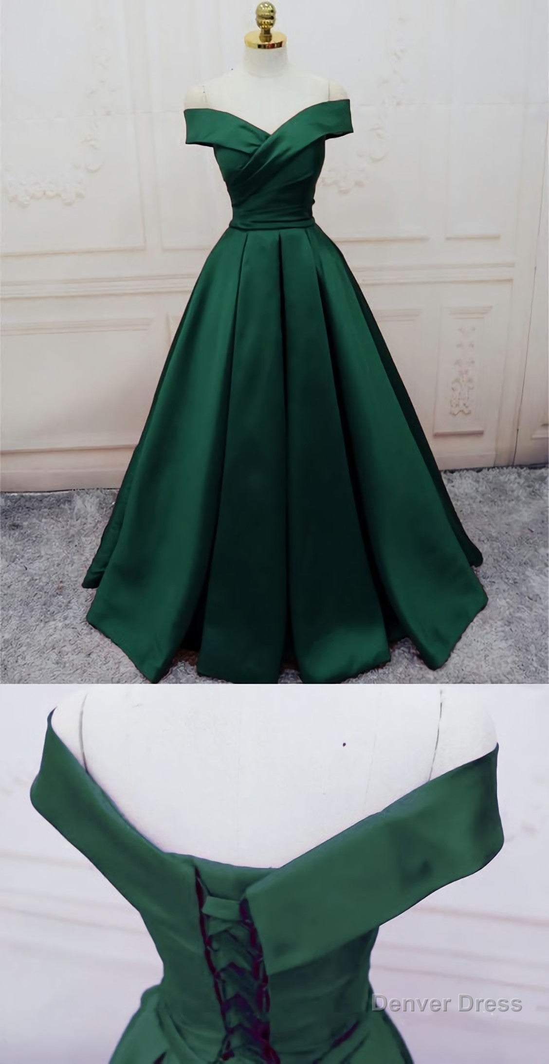 Emerald Green Long Satin Evening Dresses, V Neck Off The Shoulder Prom Dresses Main image