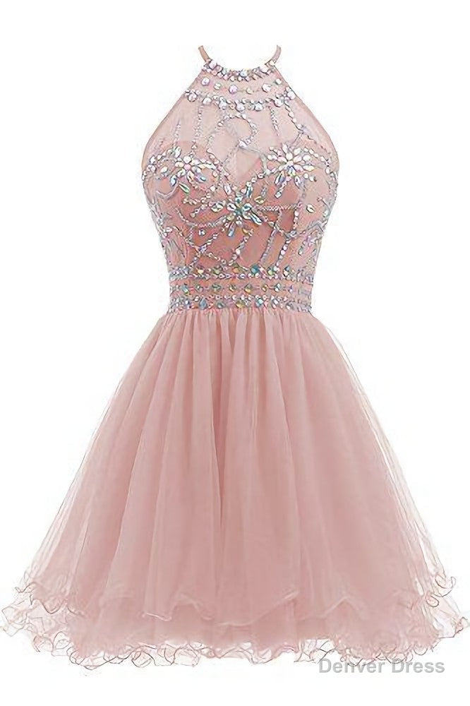 Beaded Halter Homecoming Dress, Short Tulle Dress