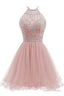 Beaded Halter Homecoming Dress, Short Tulle Dresses