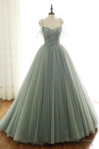 Light Green Tulle Long Prom Dress, Green Evening Dress