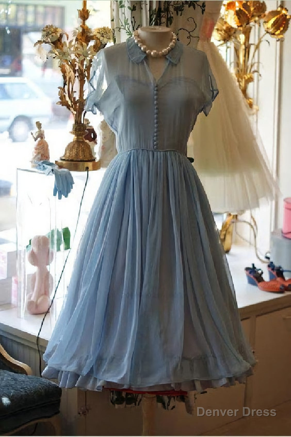 Light Dresses, Chiffon Elegant A Line Doll Collar Short Sleeves Homecoming Blue Chiffon Vintage Style Dress Main image
